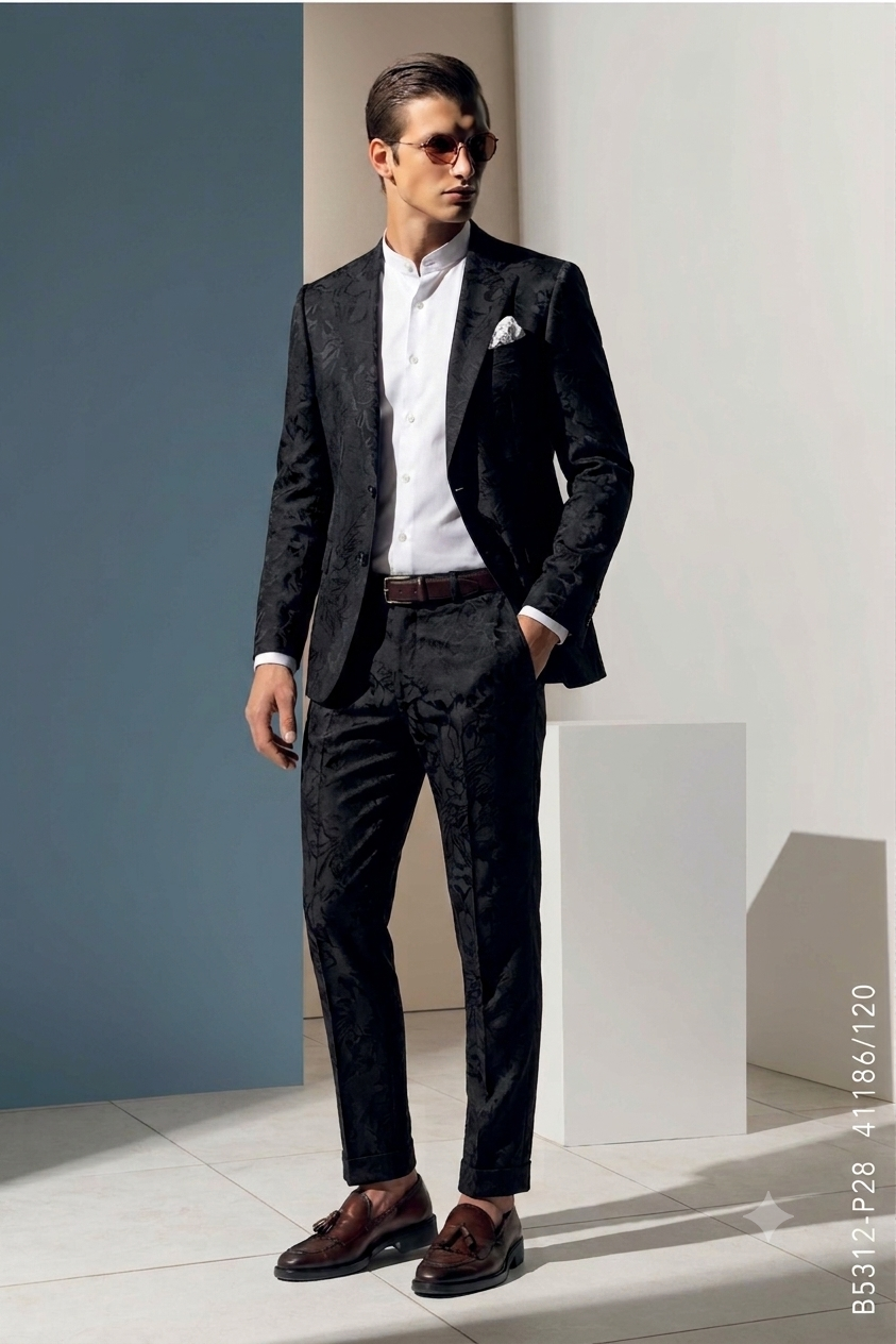 Men's Black Floral Jacquard Suit