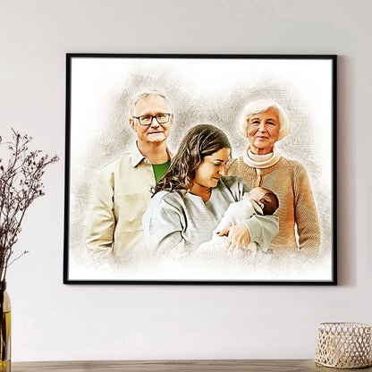 Personalized Custom Sketch & AI Video - Memorial Portrait for Deceased Father Mom