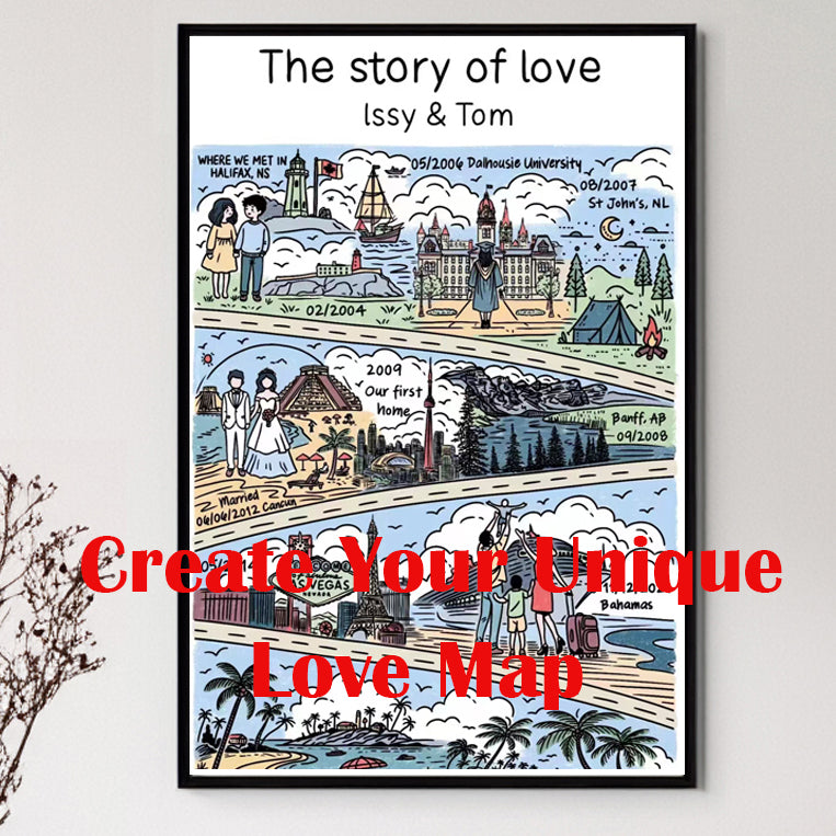 Personalized Custom Colored Love Story Map, Anniversary Gift