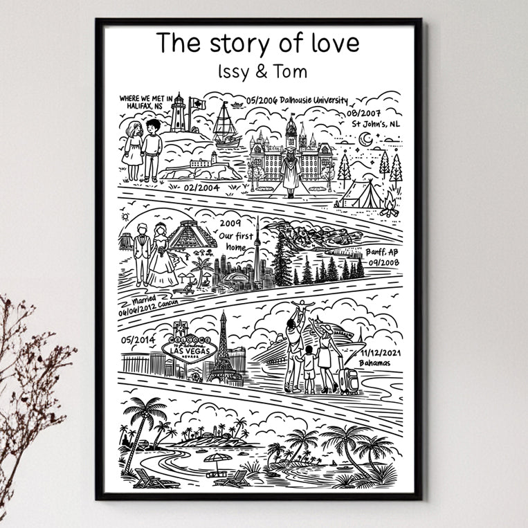 Personalized Custom Black & white Love Story Map, Digital Files Only