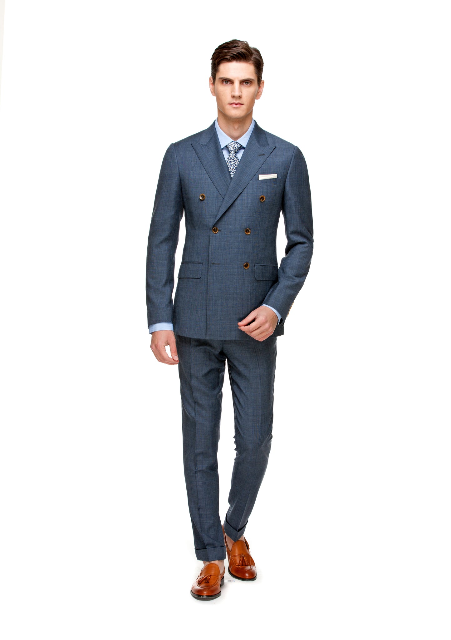 Custom Uptown Light Blue Half Canvas Three Piece Suit - ottotos