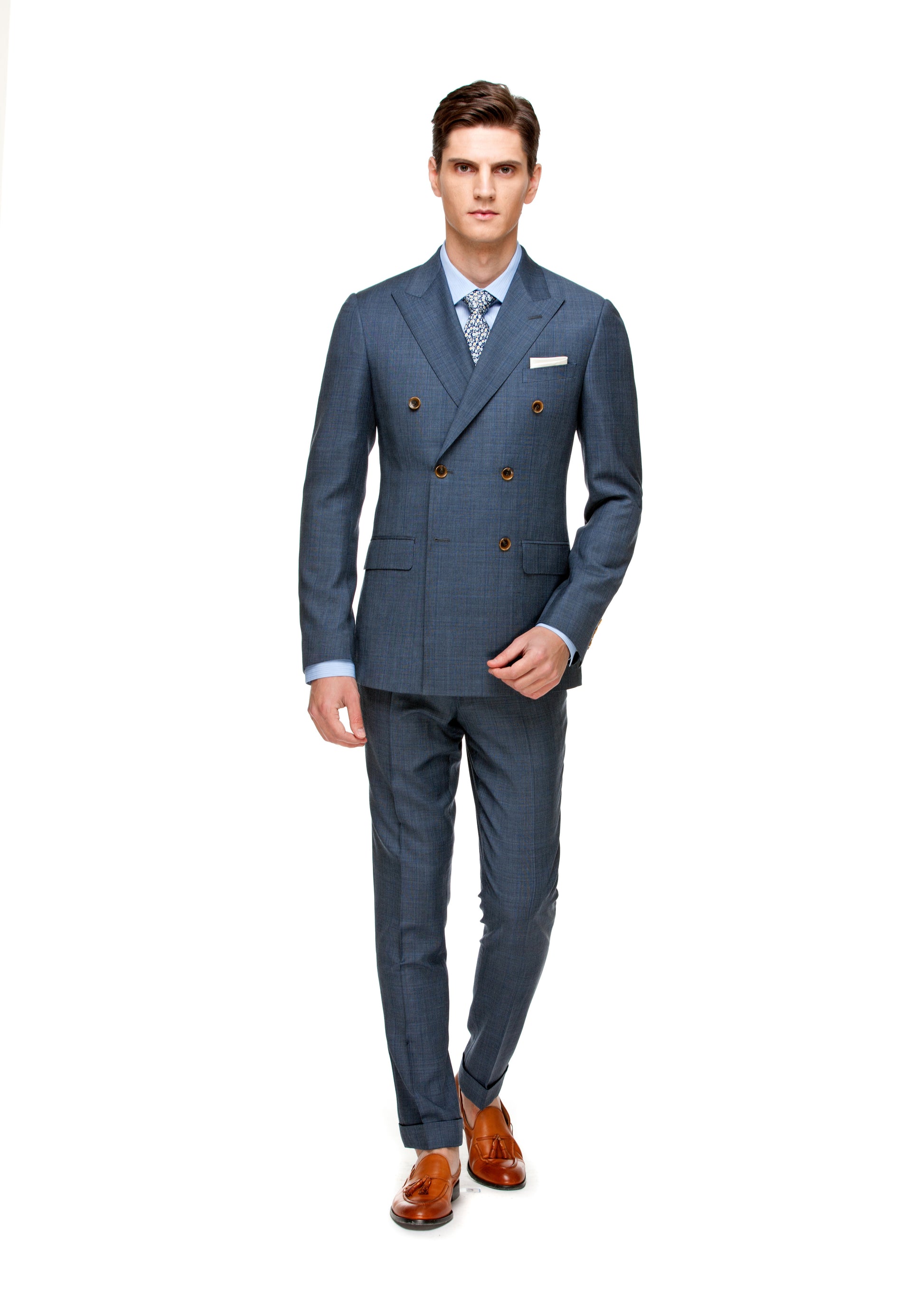 Custom Uptown Light Blue Half Canvas Three Piece Suit - ottotos